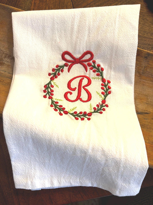 Customized Holiday Tea Towels • Monogrammed Christmas Kitchen Towels • Wreath Design, 100% Cotton Gift