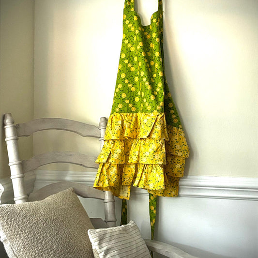 Yellow and Green Floral Ruffled Apron – Vintage-Inspired Kitchen Apron for Baking, Cooking, Gift Giving