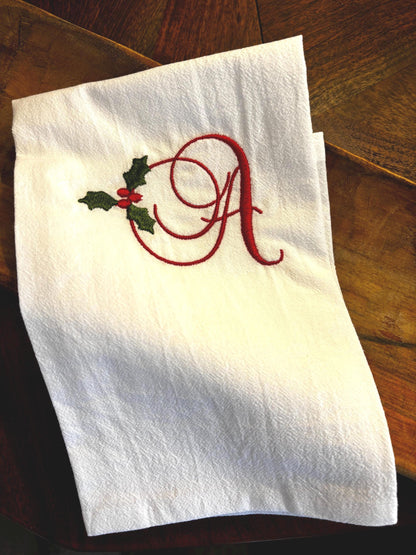 Monogrammed Holiday Tea Towels • Christmas Kitchen Gift • 100% Cotton, Holly Design