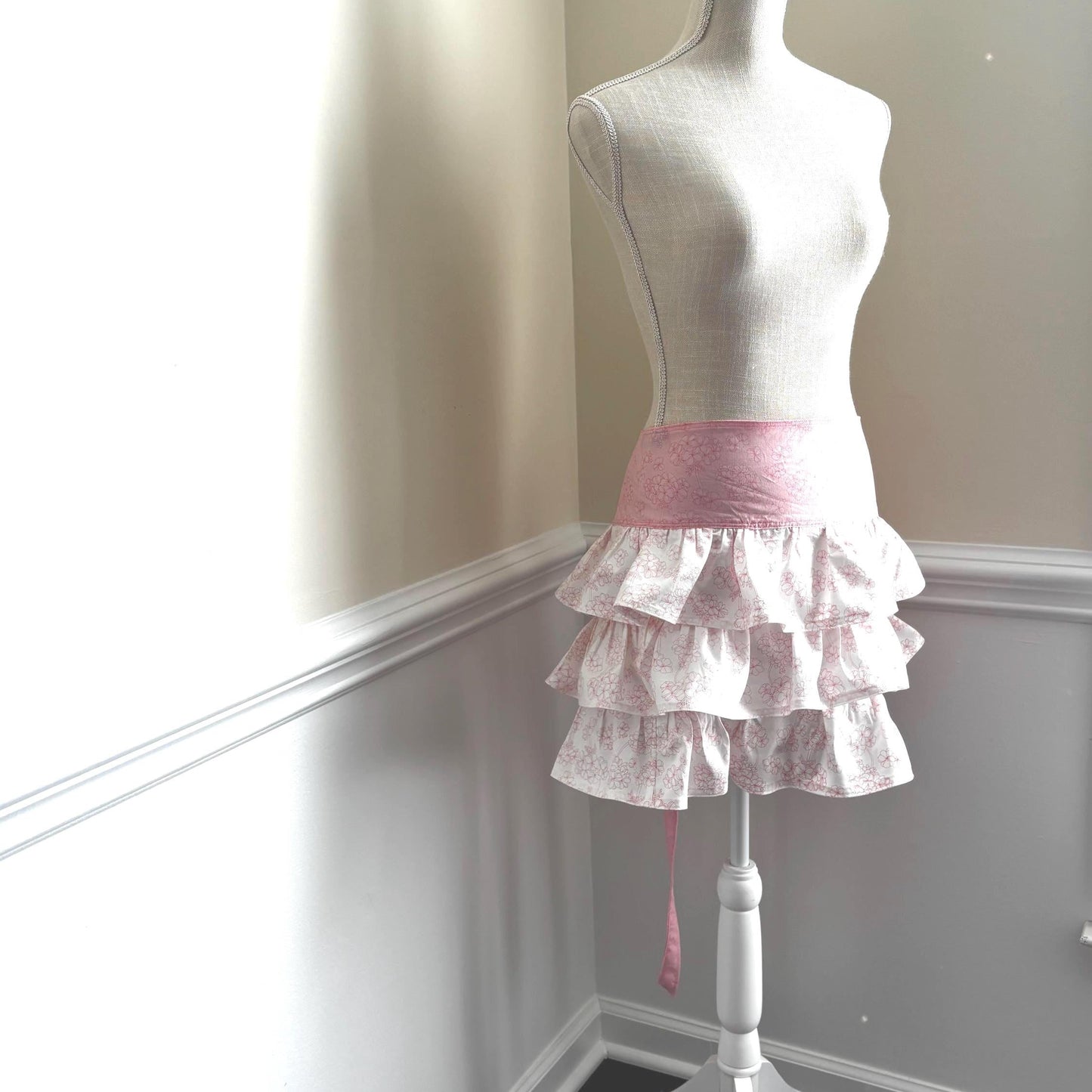 Handmade Floral Ruffled Half Apron: Shabby Chic Kitchen Decor