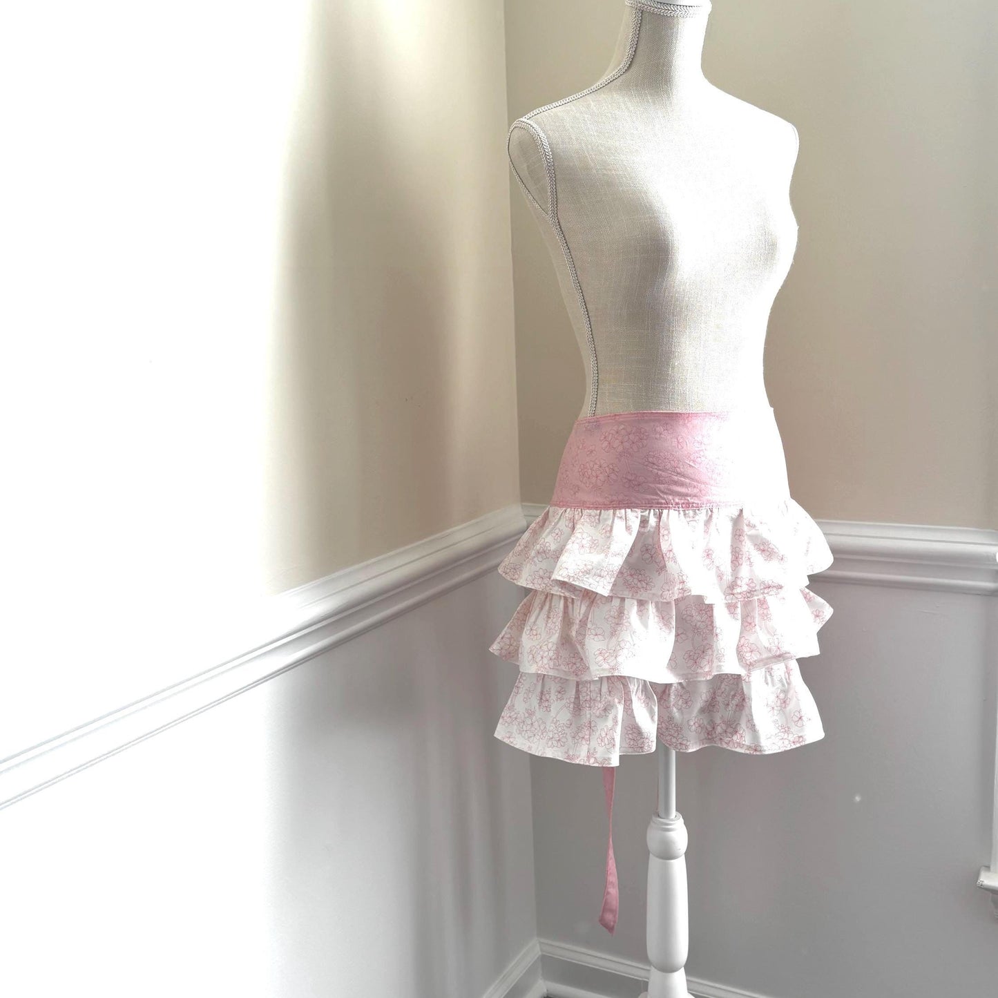 Handmade Floral Ruffled Half Apron: Shabby Chic Kitchen Decor
