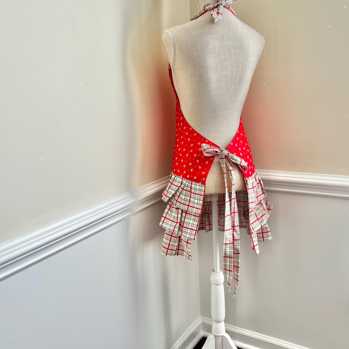 Red Plaid Ruffled Apron – Festive Kitchen Apron for Baking, Cooking, Holiday Entertaining