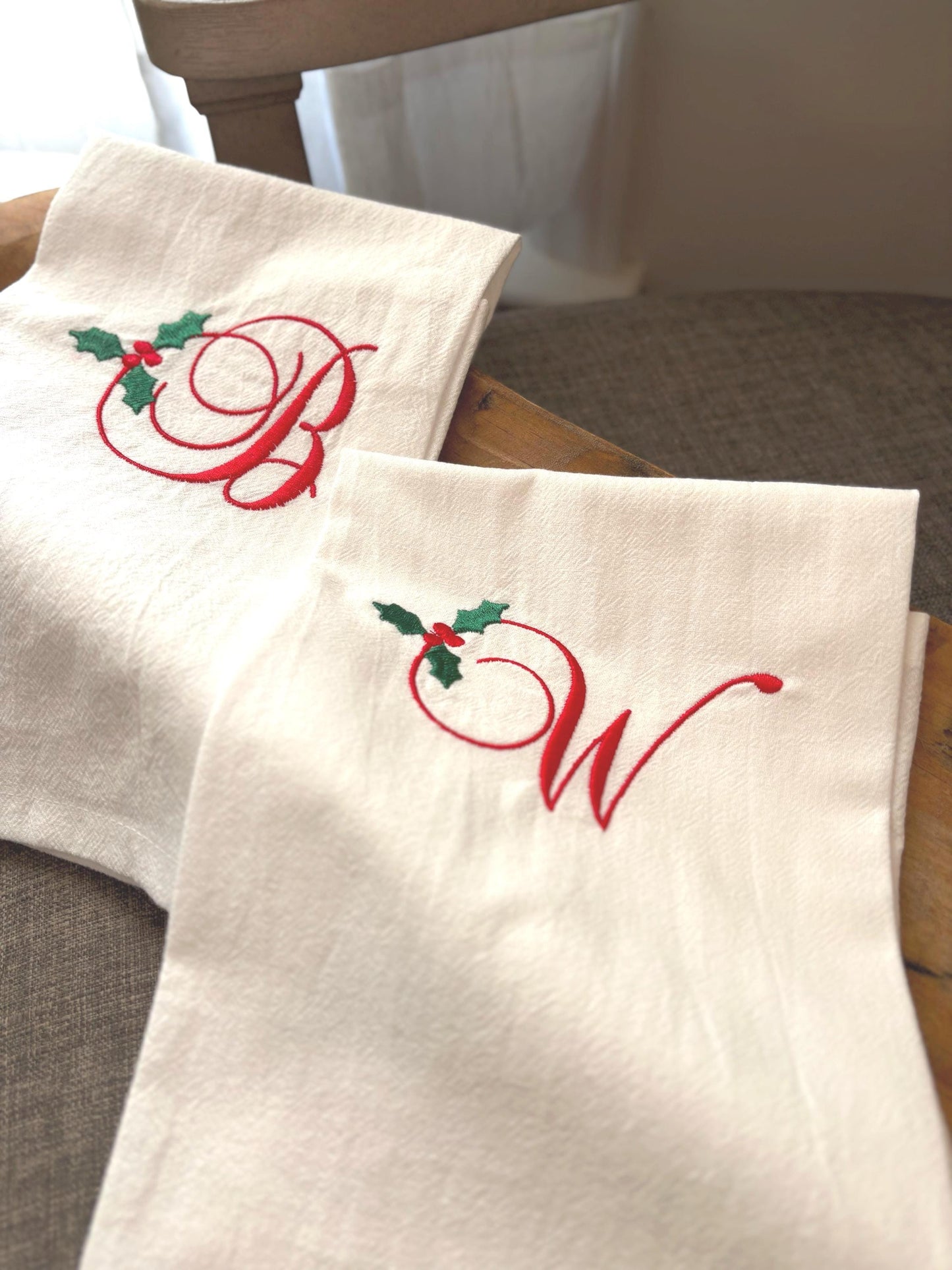 Monogrammed Holiday Tea Towels • Christmas Kitchen Gift • 100% Cotton, Holly Design
