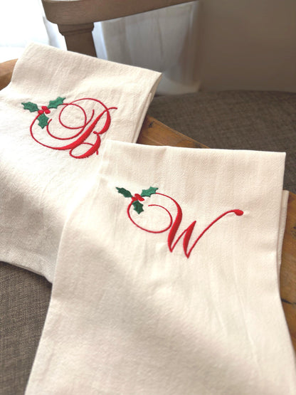 Monogrammed Holiday Tea Towels • Christmas Kitchen Gift • 100% Cotton, Holly Design