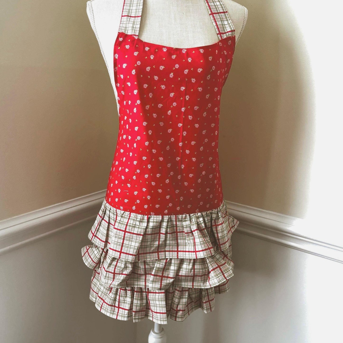 Red Plaid Ruffled Apron – Festive Kitchen Apron for Baking, Cooking, Holiday Entertaining