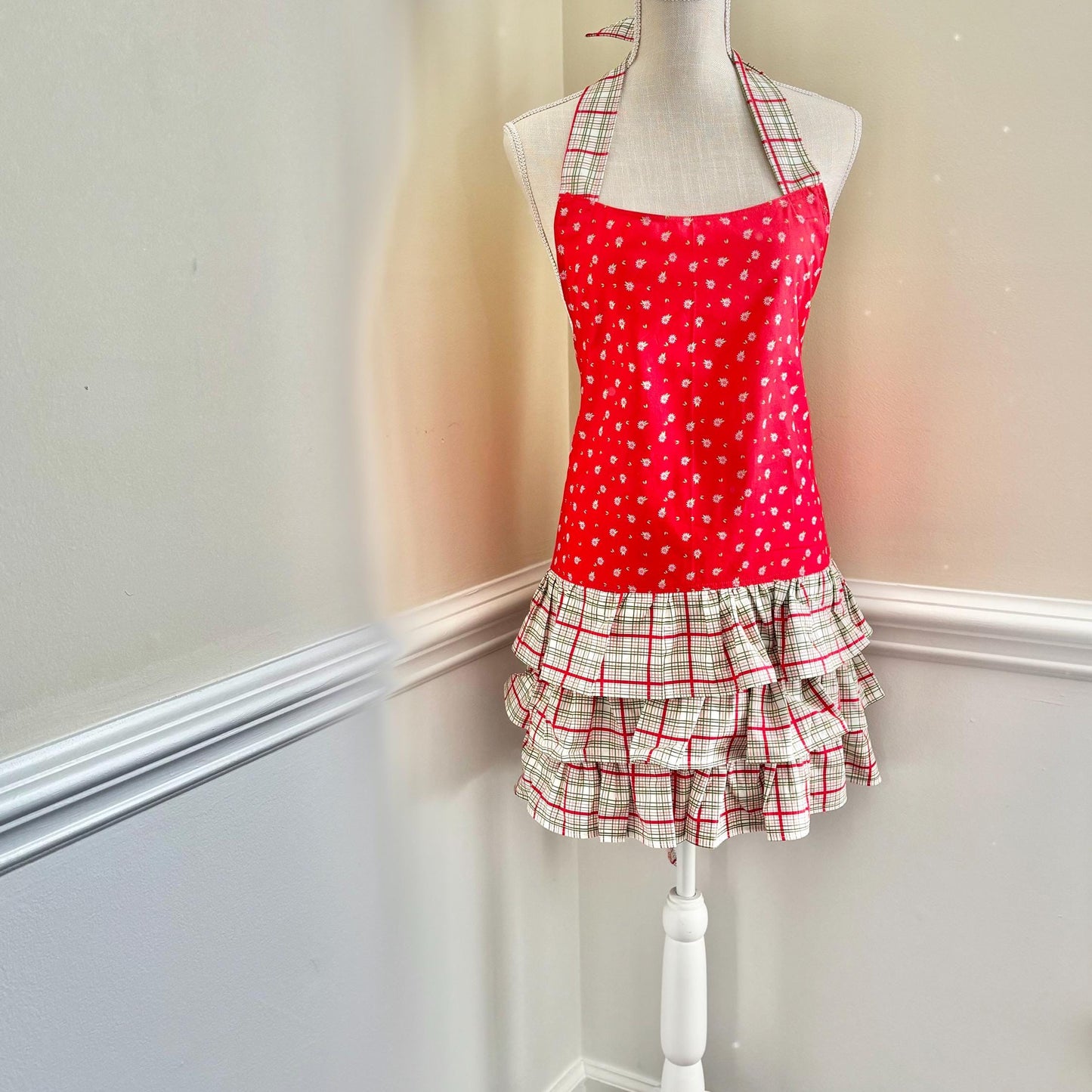 Red Plaid Ruffled Apron – Festive Kitchen Apron for Baking, Cooking, Holiday Entertaining