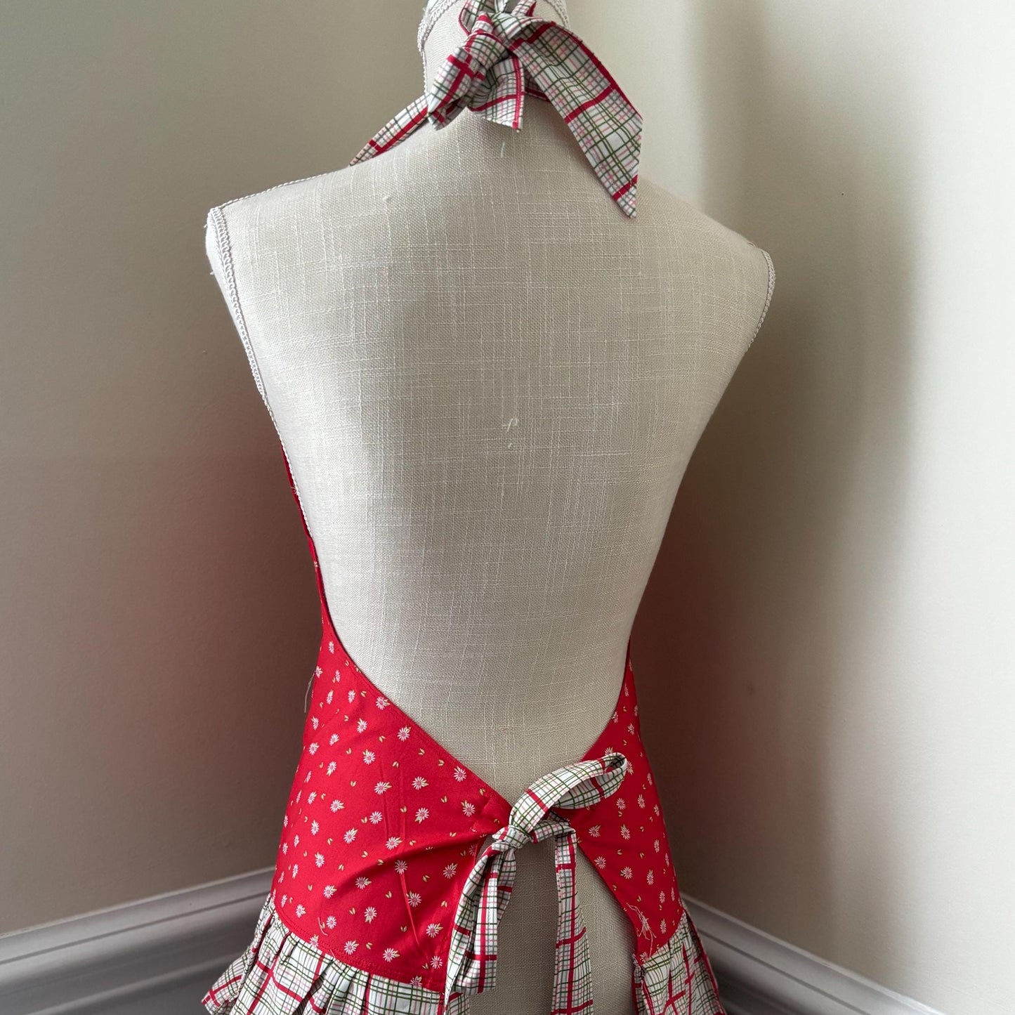 Red Plaid Ruffled Apron – Festive Kitchen Apron for Baking, Cooking, Holiday Entertaining