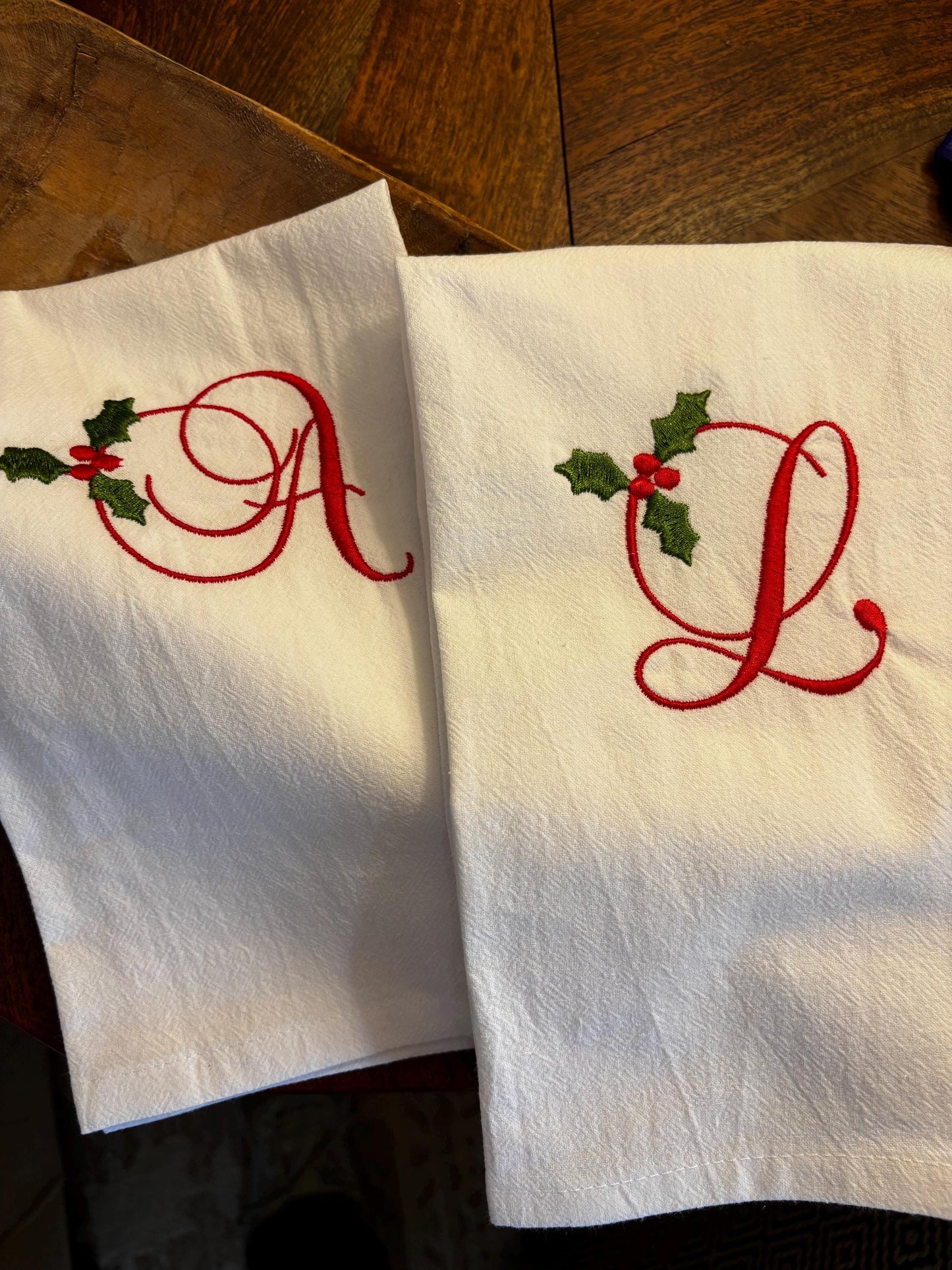 Monogrammed Holiday Tea Towels • Christmas Kitchen Gift • 100% Cotton, Holly Design