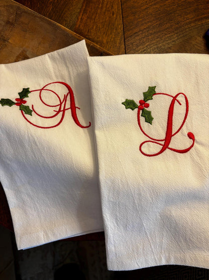Monogrammed Holiday Tea Towels • Christmas Kitchen Gift • 100% Cotton, Holly Design