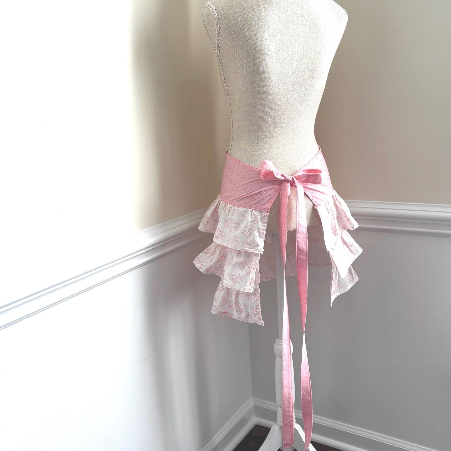 Handmade Floral Ruffled Half Apron: Shabby Chic Kitchen Decor