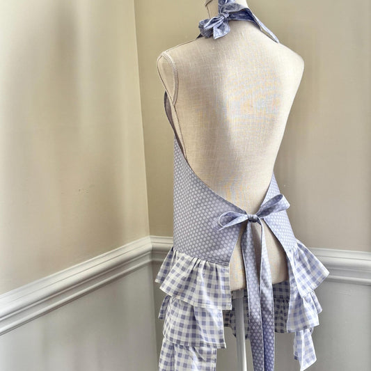 Purple Floral Ruffled Apron – Elegant Kitchen Apron for Baking, Cooking, Gift Giving