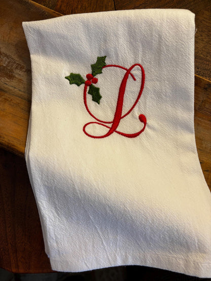 Monogrammed Holiday Tea Towels • Christmas Kitchen Gift • 100% Cotton, Holly Design