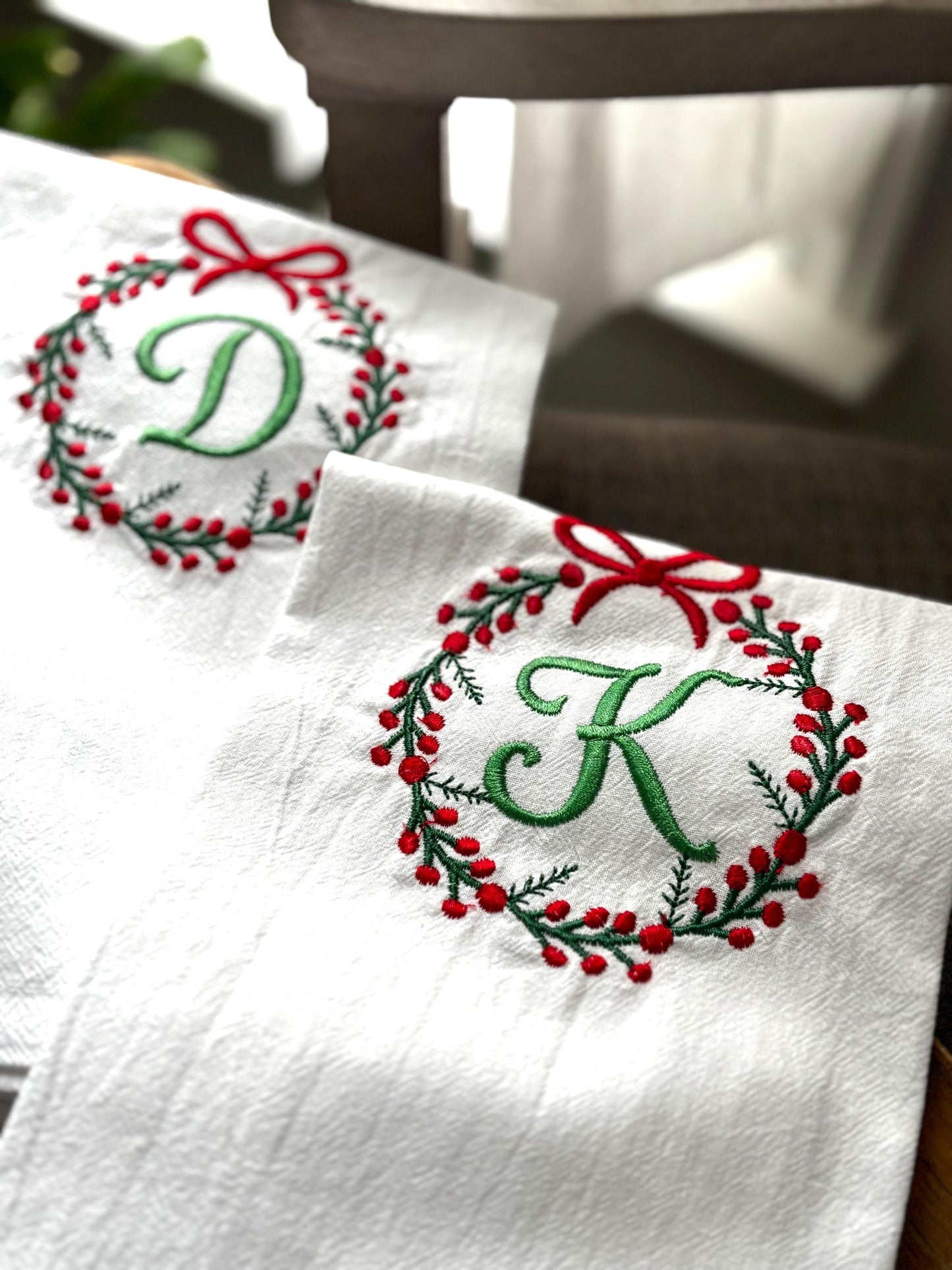 Customized Holiday Tea Towels • Monogrammed Christmas Kitchen Towels • Wreath Design, 100% Cotton Gift